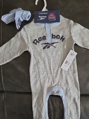 NWT Reebok Grey One-Piece with Light Blue Trim & Navy Logo